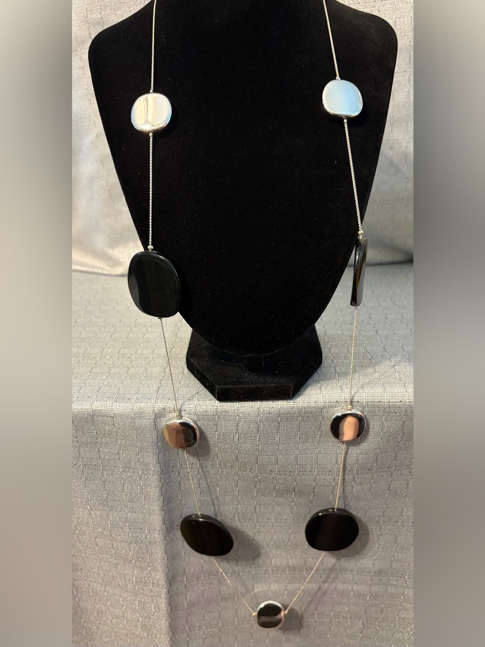 Black and Silver Long Disc Station Necklace